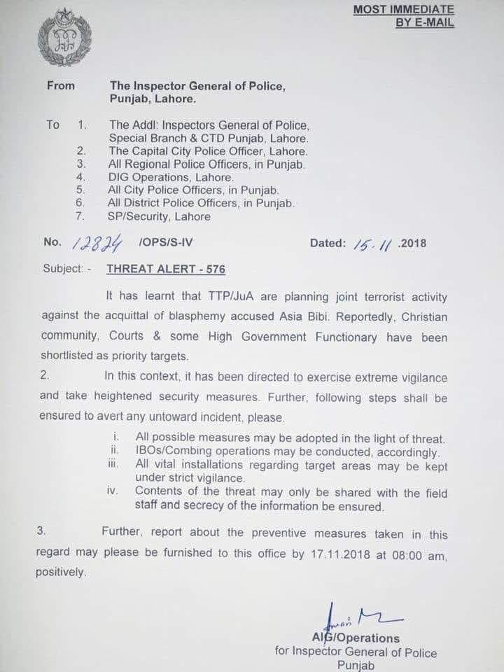 “THREAT ALERT!” Issued by Punjab Police Inspector General warns of joint terrorist attack